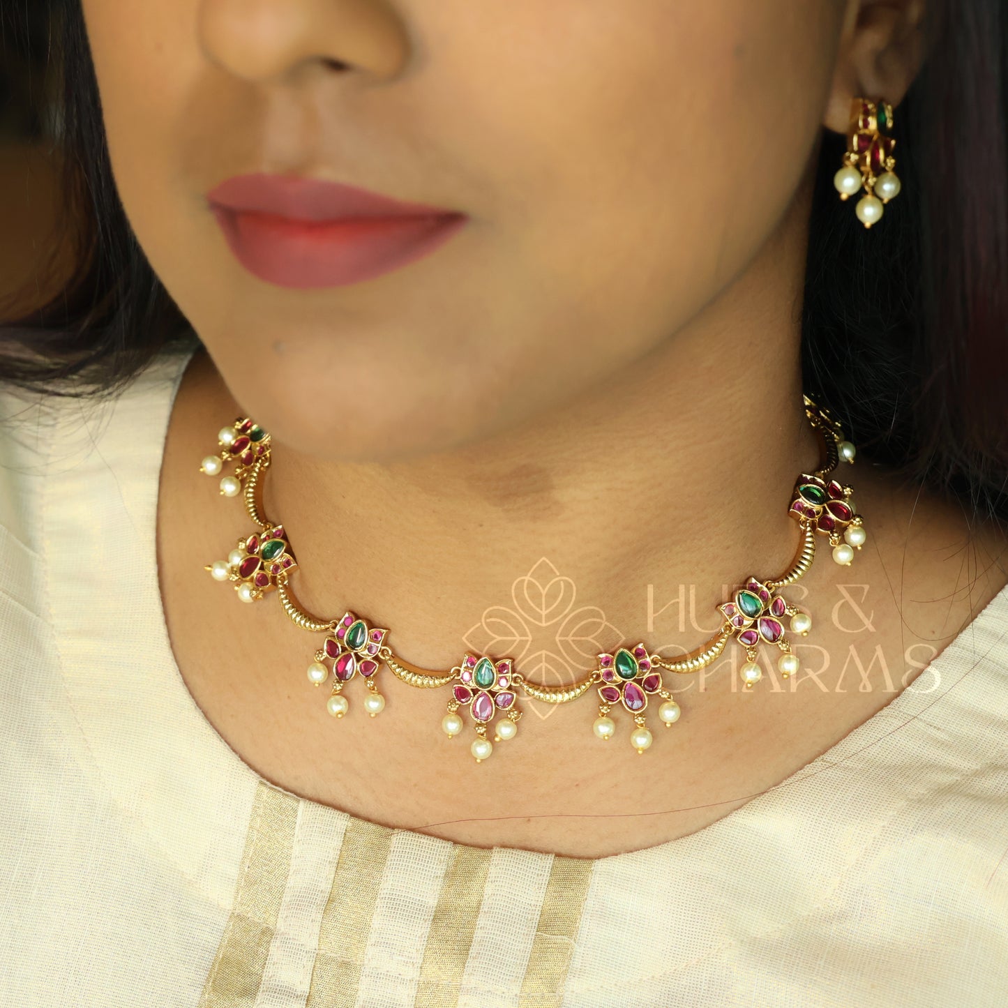 GOLDEN  PADMARAGA NECKLACE SET WITH PEARLS
