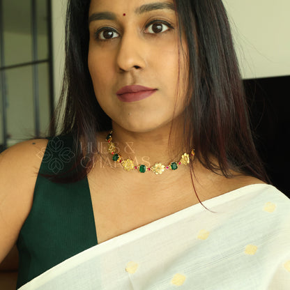 TRADITIONAL PUSHPA EMERALD AND RUBY DETAILED NECKPIECE | PREMIUM GOLD PLATED
