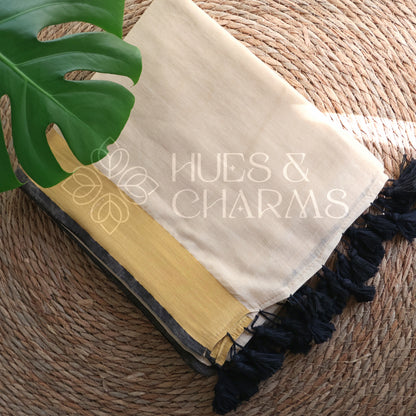 PURE MUL COTTON SAREE  - BLACK TULIP (MUD WHITE)