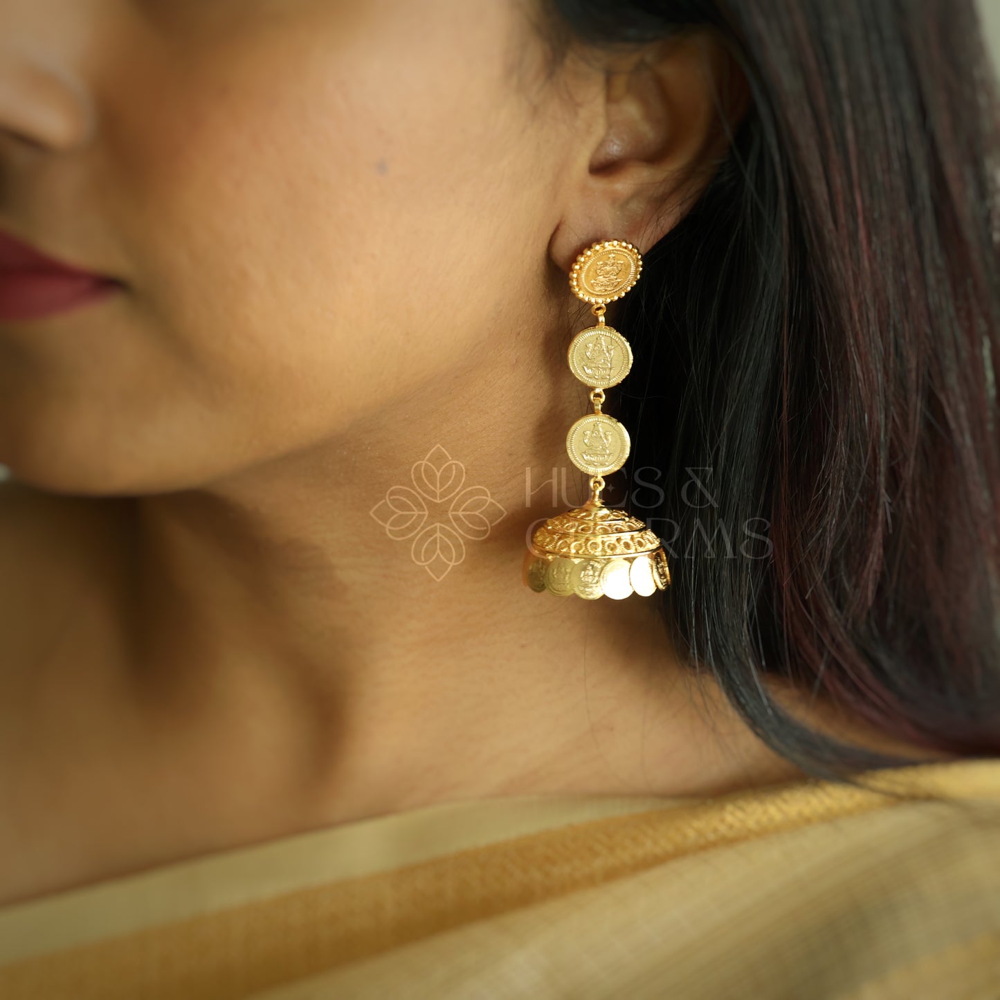 GOLDEN LAKSHMI 3 LAYER STEP COIN JHUMKA (IDOL VERSION) | GOLD PLATED