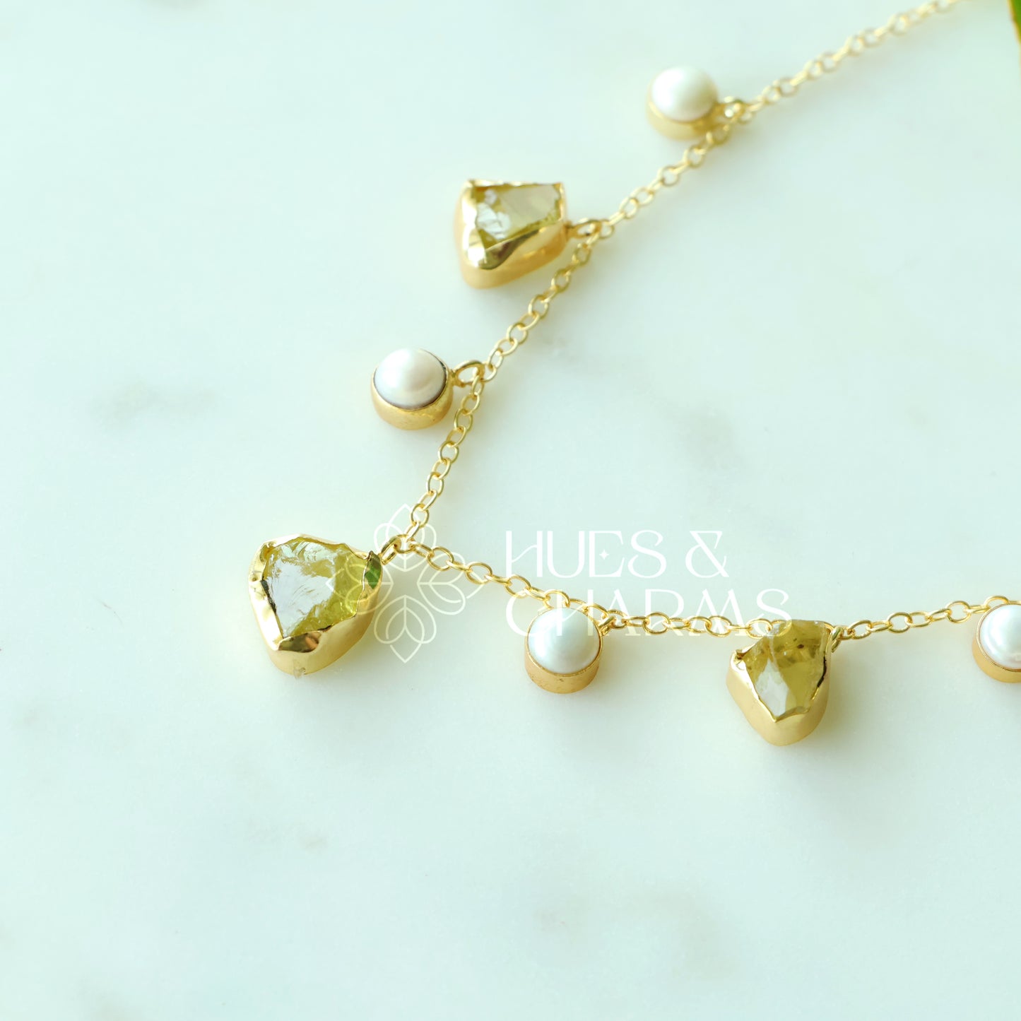 RAW STONE WITH PEARL DROPS NECKPIECE- LEMON QUARTZ