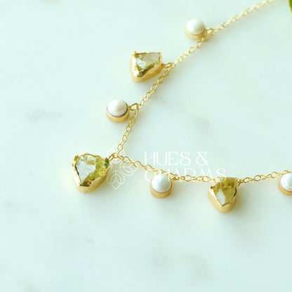 RAW STONE WITH PEARL DROPS NECKPIECE- LEMON QUARTZ