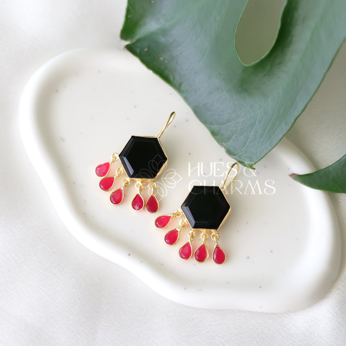GOLDEN GLOSSY HEXA DEWDROPS EARRINGS (COLOURS AVAILABLE)