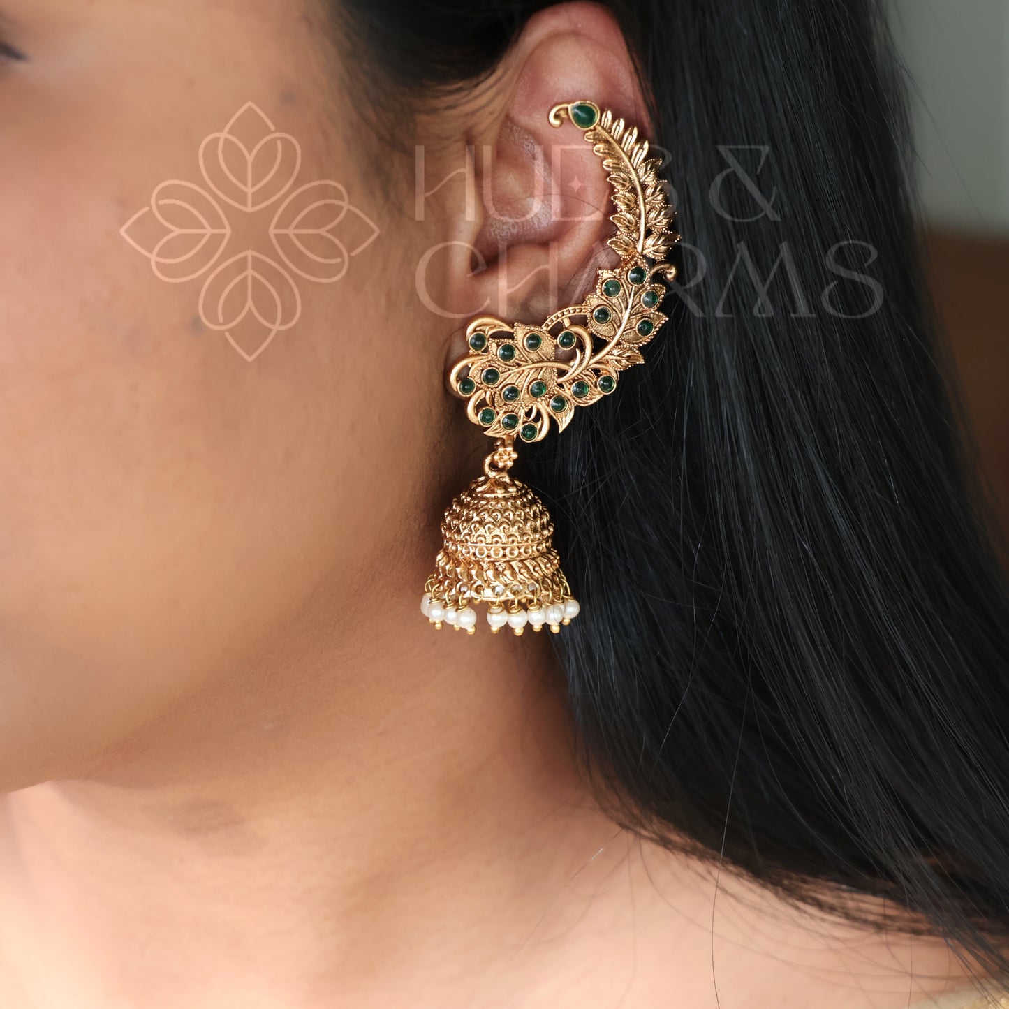 GOLDEN KANKA LEAF EAR CUFF JHUMKAS WITH PEARLS (COLOURS AVAILABLE)
