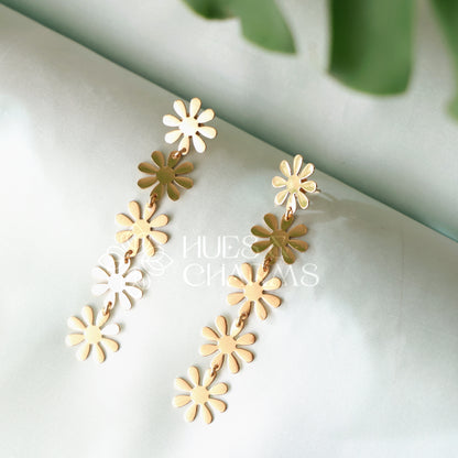 GOLDEN DAISY FLOWER 5 LAYER DROP EARRINGS