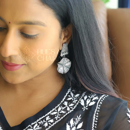OXIDIZED TEXTURED FLORAL DROP WITH SELF DETAILING EARRINGS