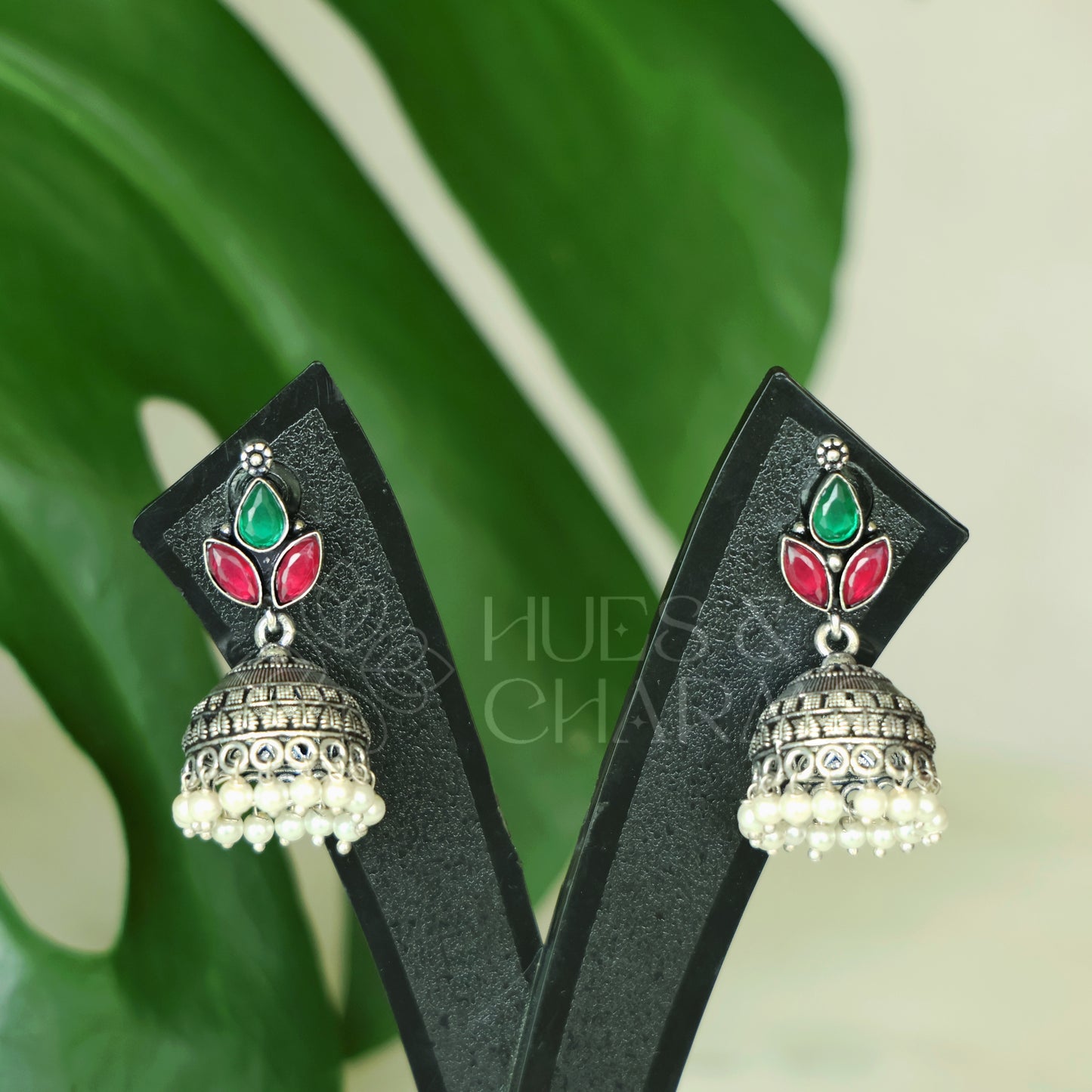 OXIDISED 3 DROP JHUMKAS WITH CLUSTER PEARLS( COLOURS AVAILABLE )