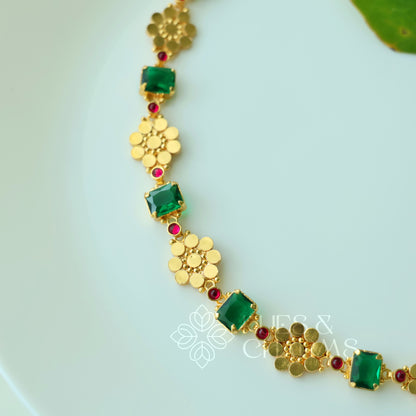 TRADITIONAL PUSHPA EMERALD AND RUBY DETAILED NECKPIECE | PREMIUM GOLD PLATED