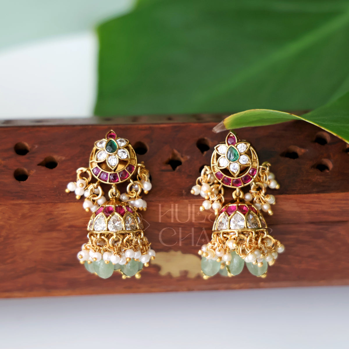 GOLDEN  ANVIKA KUNDAN  KEMP JHUMKA WITH PEARLS | PREMIUM JEWELLERY
