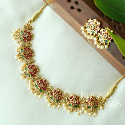GOLDEN  GUTTAPUSALU KEMP PADMA NECKLACE SET WITH PEARLS | Premium jewellery