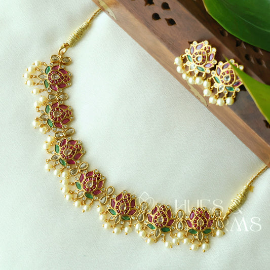 GOLDEN  GUTTAPUSALU KEMP PADMA NECKLACE SET WITH PEARLS | Premium jewellery