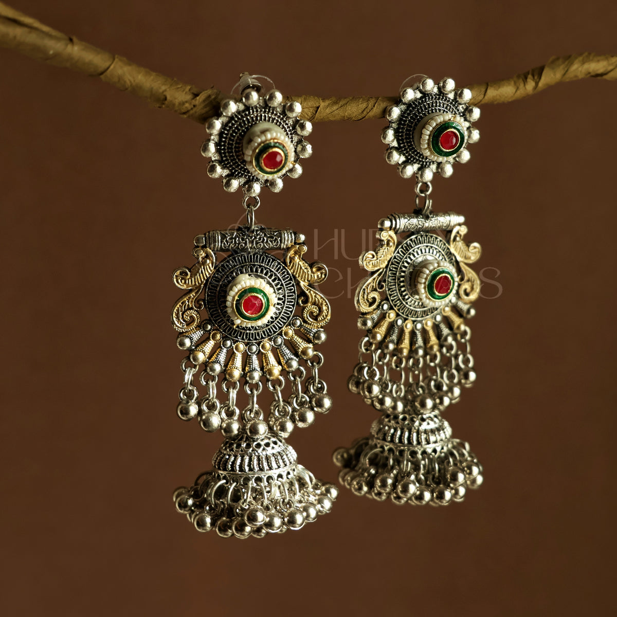 OXIDIZED DUAL RANGMOHINI JHUMKA EARRINGS