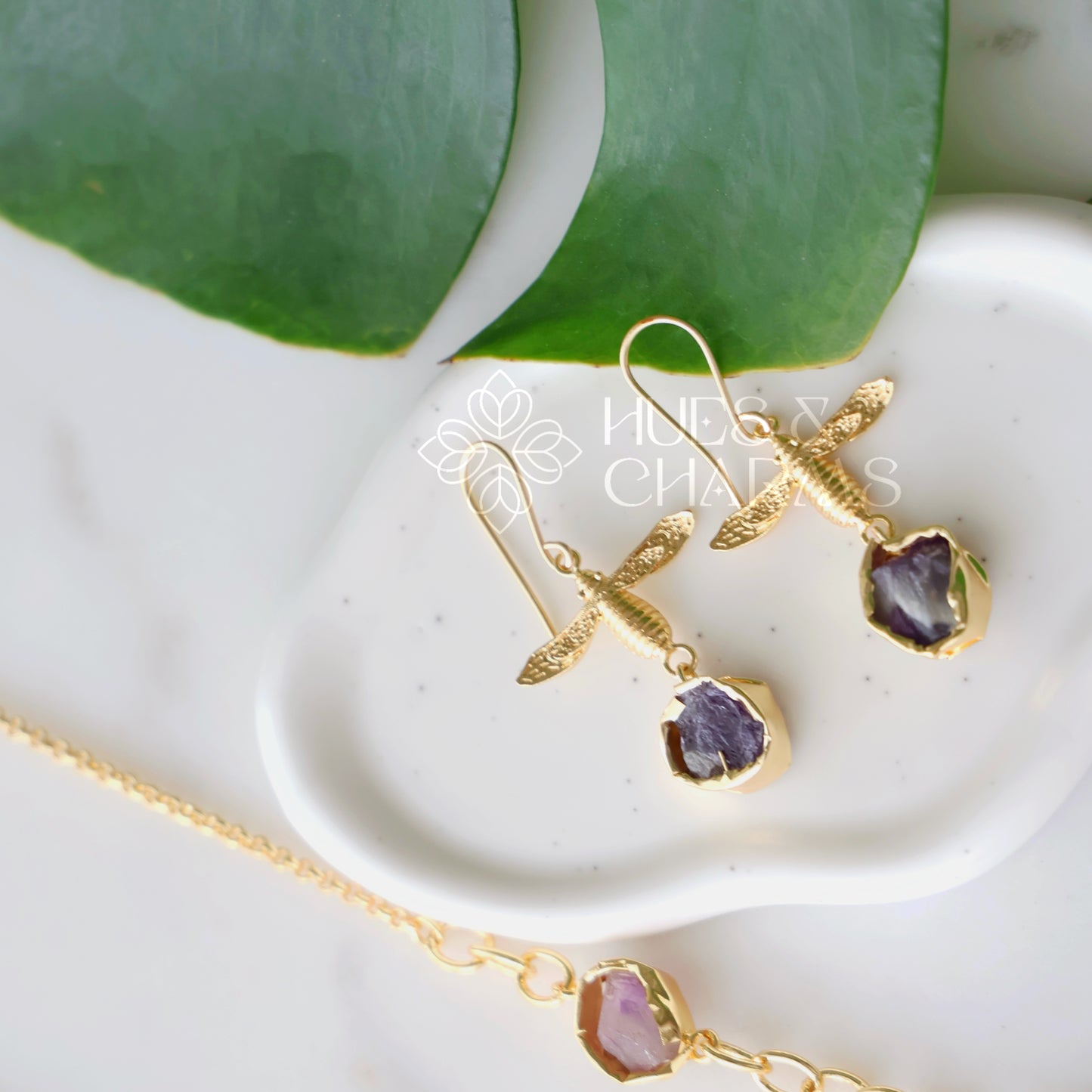 GOLDEN RAW STONE ENCHANTED DRAGONFLY NECKLACE SET (Colours available)