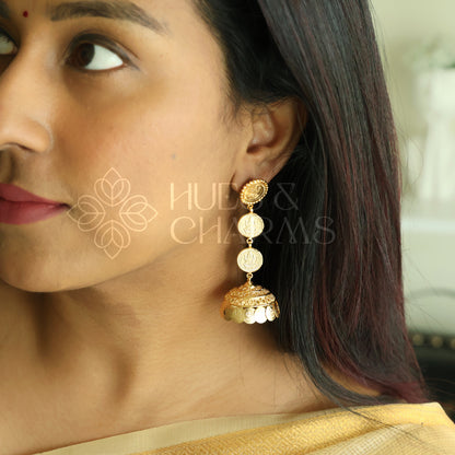 GOLDEN LAKSHMI 3 LAYER STEP COIN JHUMKA (IDOL VERSION) | GOLD PLATED