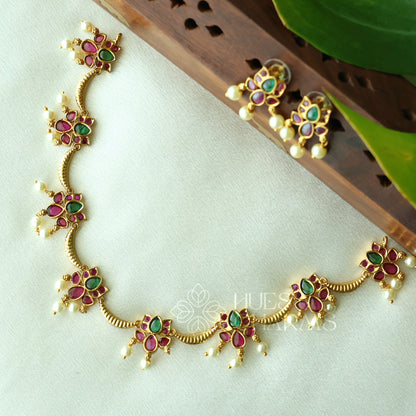 GOLDEN  PADMARAGA NECKLACE SET WITH PEARLS