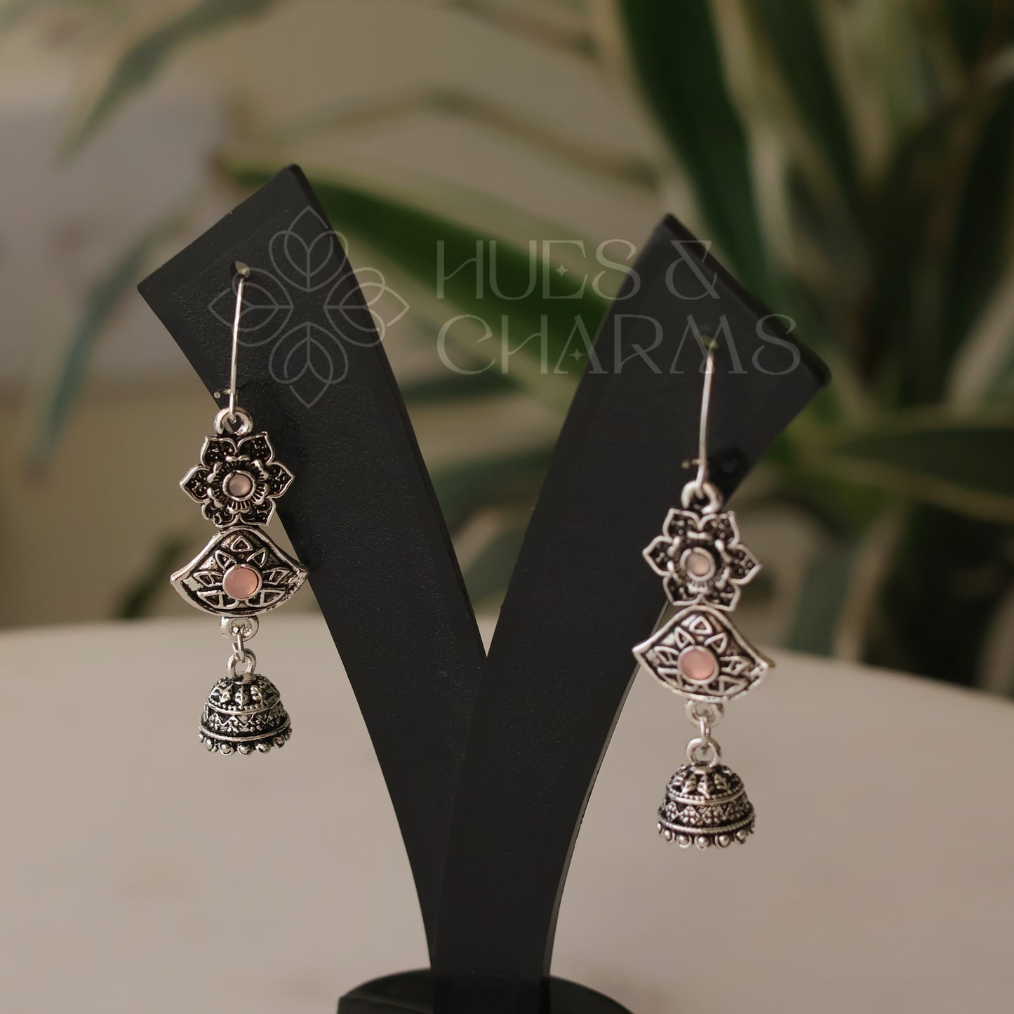 OXIDIZED FLOWER JUMKA EARRINGS- BABY PINK