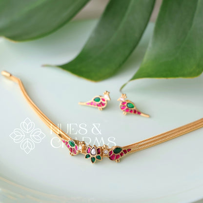 GOLDEN LOTUS & PARROT JADAU CHOKER SET | PREMIUM JEWELLERY