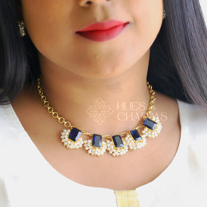 GLOSSY SQUARE DROP NECKLACE SET WITH PEARLS -BLUE