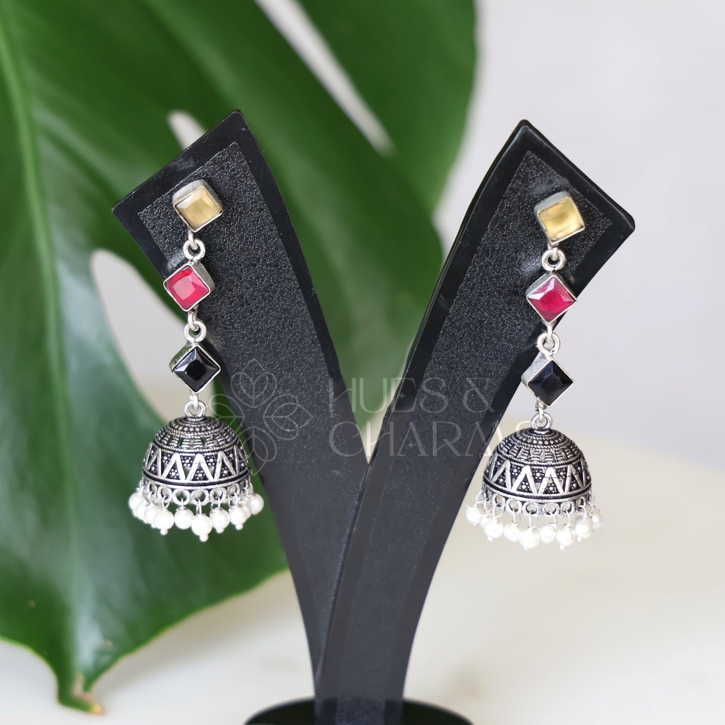 OXIDISED 3 STONE JHUMKAS( COLOURS AVAILABLE )