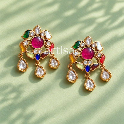 NAVRATNA NATURAL STONE & MOISSANITE NECKLACE SET -GREEN ONYX