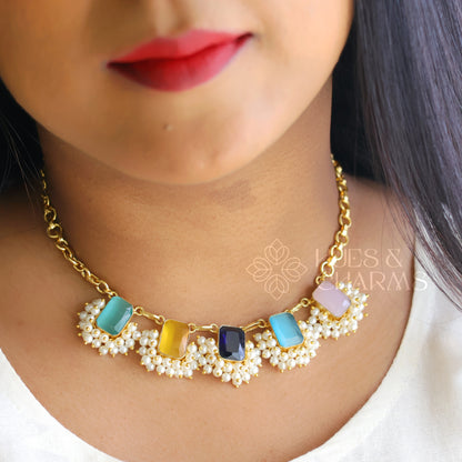 GLOSSY SQUARE DROP NECKLACE SET WITH PEARLS-MULTICOLOUR