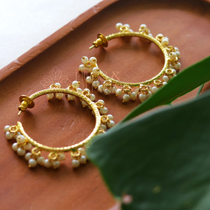 Golden Hammered Hoops with Cluster Pearls