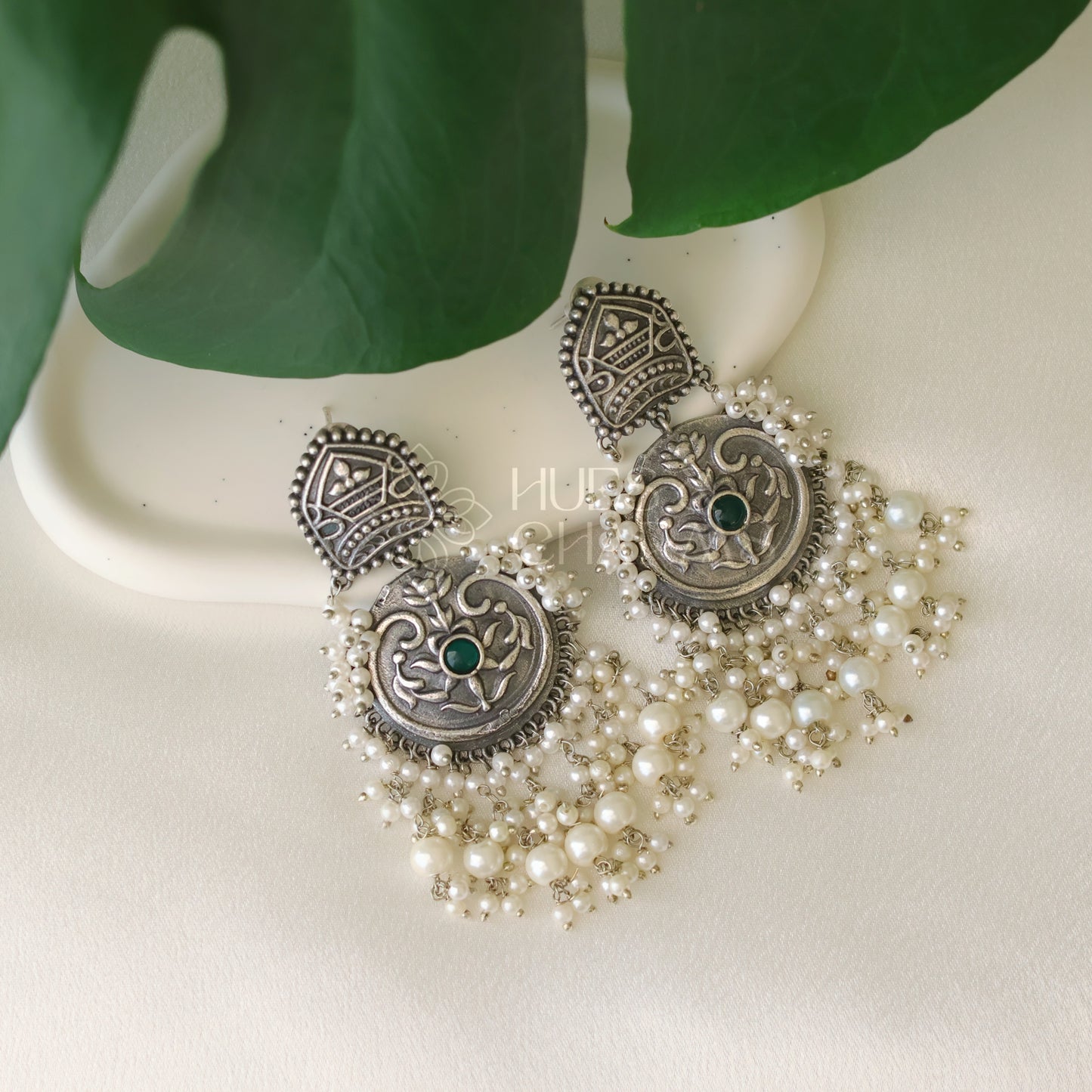 OXIDISED STATEMENT EARRING WITH PEARL DANGLERS(COLOURS AVAILABLE)