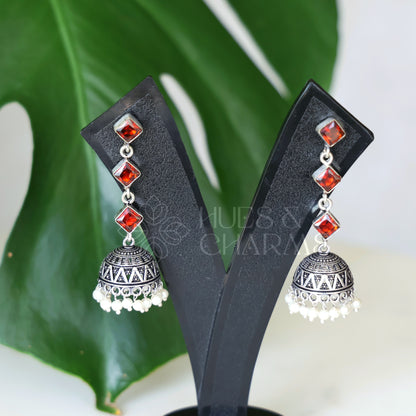 OXIDISED 3 STONE JHUMKAS( COLOURS AVAILABLE )