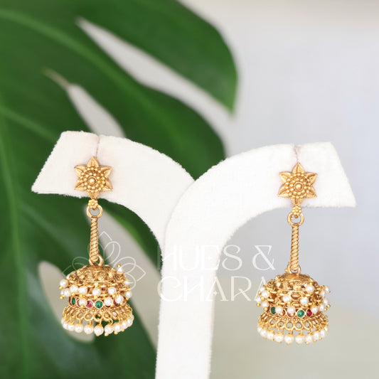 GOLDEN PUSHPA MALA JHUMKA WITH PEARLS