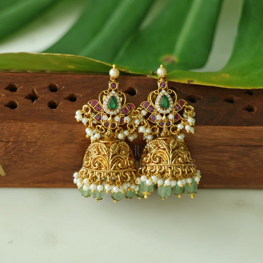GOLDEN KAMALINI KEMP JHUMKA WITH PEARLS | PREMIUM JEWELLERY