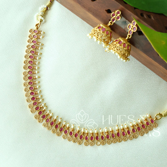 GOLDEN SIMPLE RATNA NECKLACE SET (Colours available)