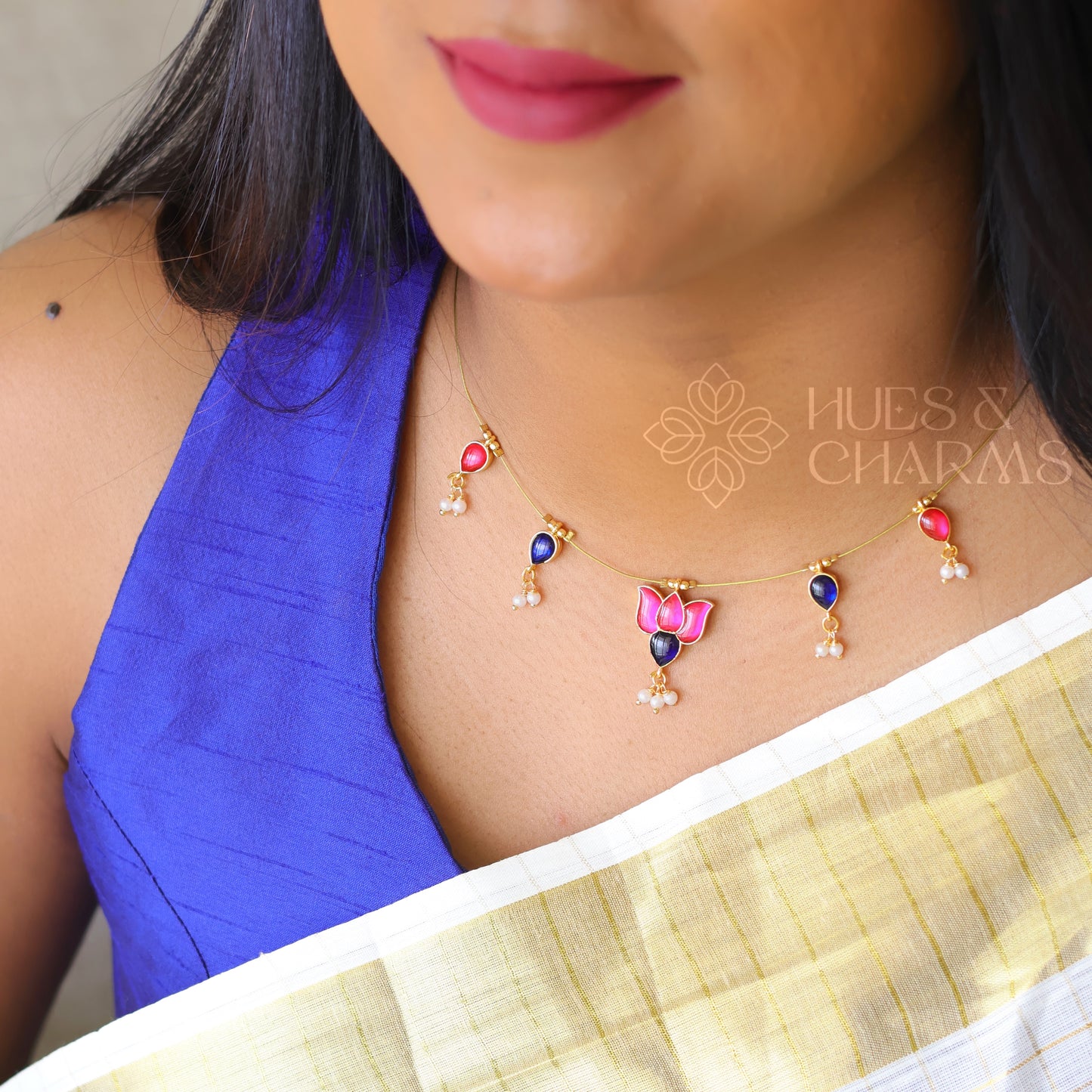 LOTUS FLOATING NECKPIECE - PINK & BLUE