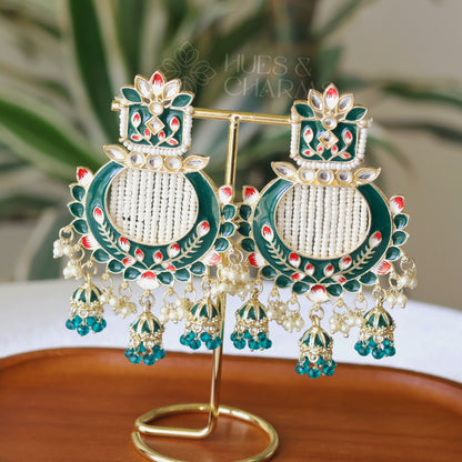 MEENAKARI EARRINGS WITH TRI JHUMKA  - GREEN