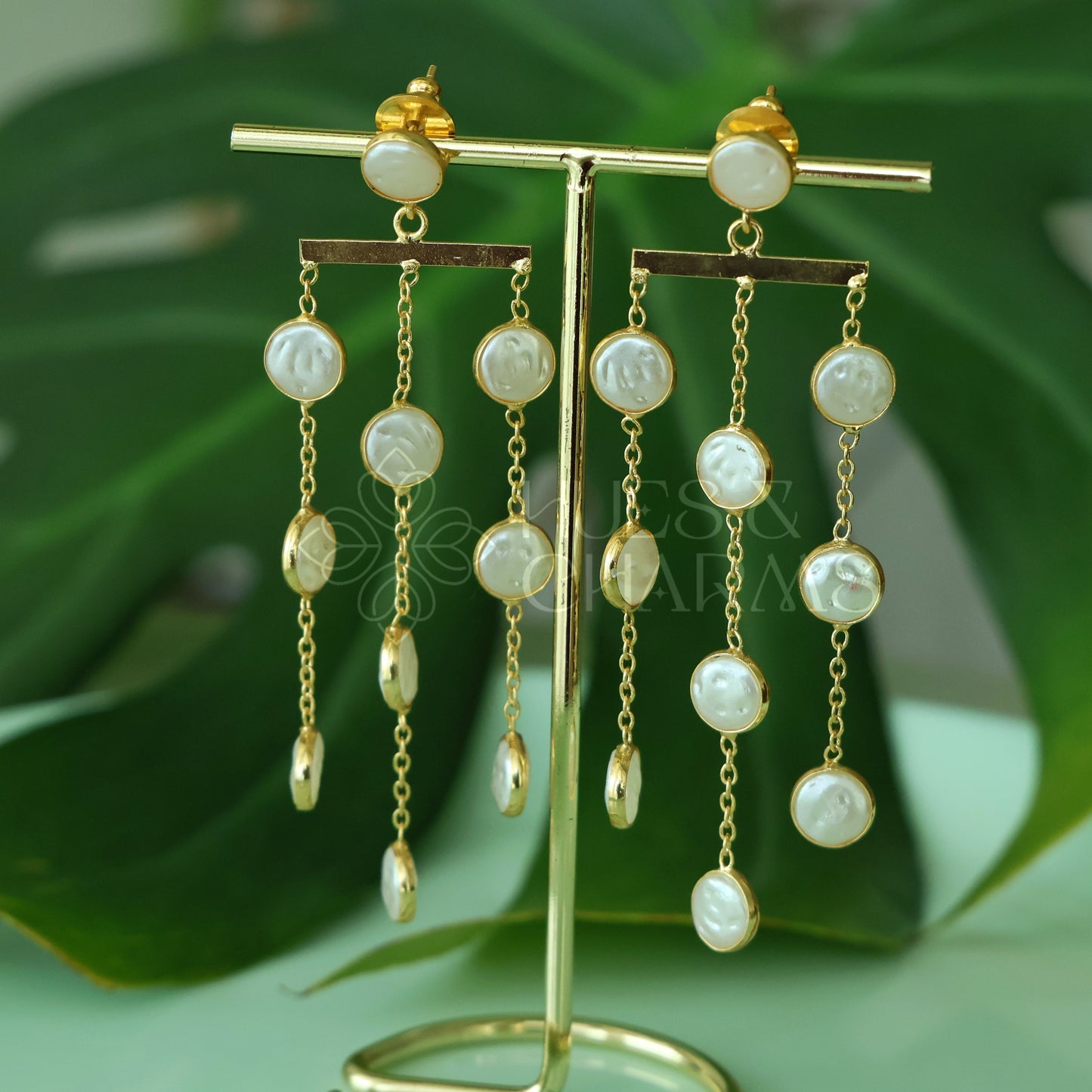 GOLDEN LUMINA 3 LAYER PEARL DROPS STATEMENT EARRINGS