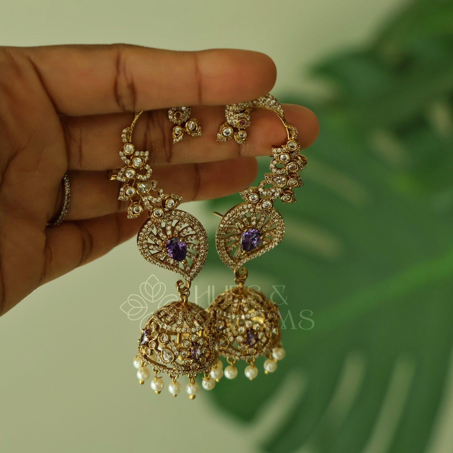 STATEMENT MAYURA AD EAR CUFF JHUMKA WITH PEARLS ( Colours available)|Premium jewellery