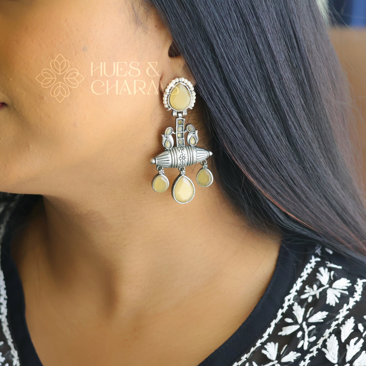 OXIDIZED STATEMENT EARRINGS WITH PEARL DETAILING ( COLOURS AVAILABLE)