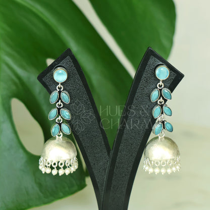 OXIDISED LEAF DROP JHUMKAS WITH CLUSTER PEARLS( COLOURS AVAILABLE )