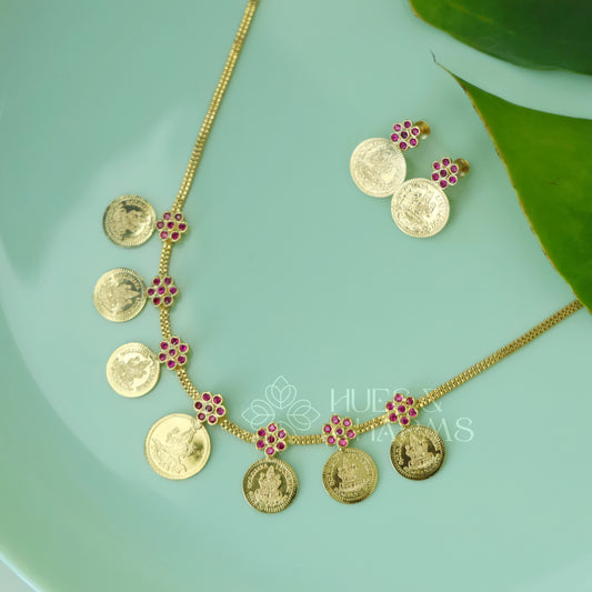 TRADITIONAL LAKSHMI 7-COIN RUBY NECKLACE SET |GOLD PLATED