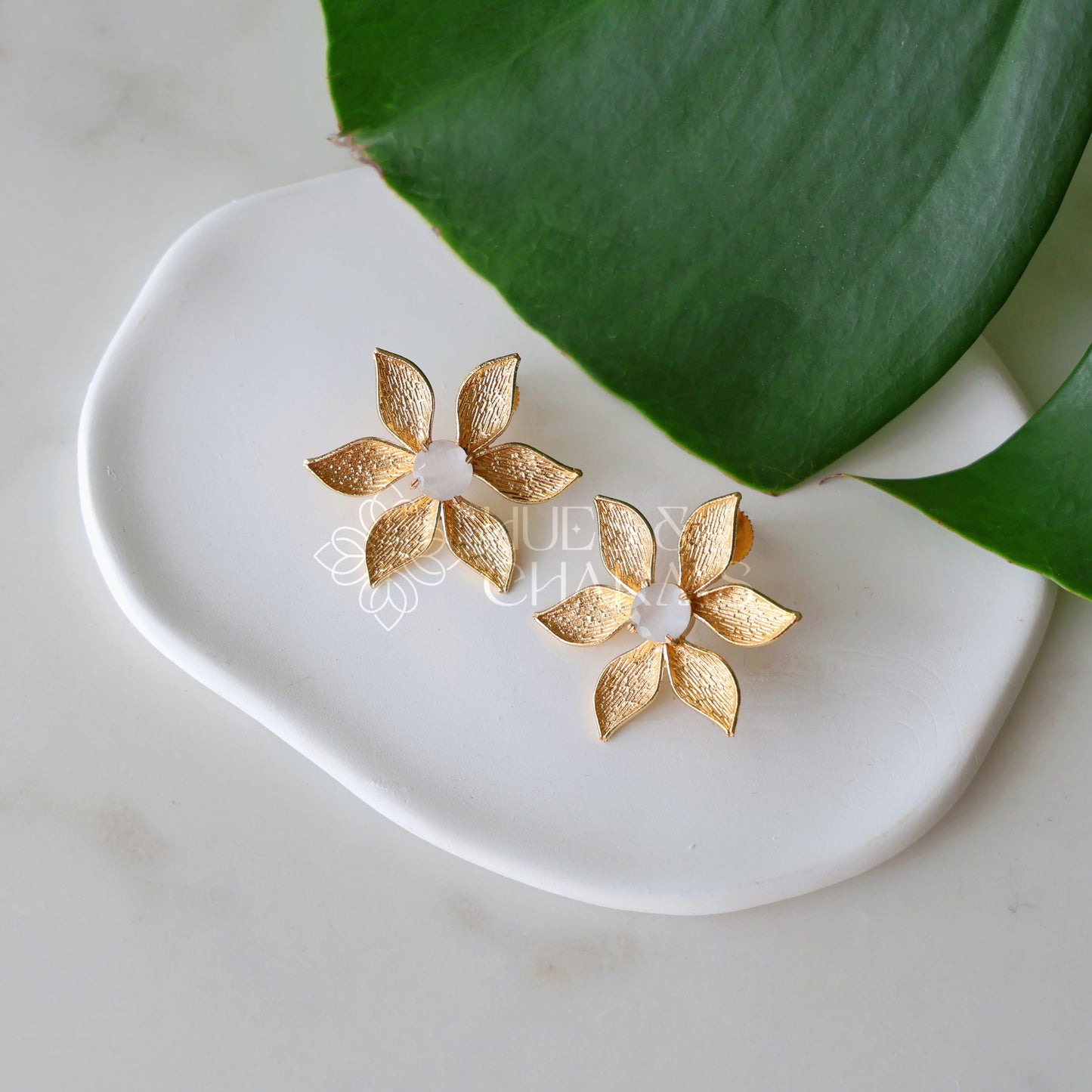 GOLDEN GLOSSY VALENCIA PETAL STUD EARRINGS (COLOURS AVAILBLE )