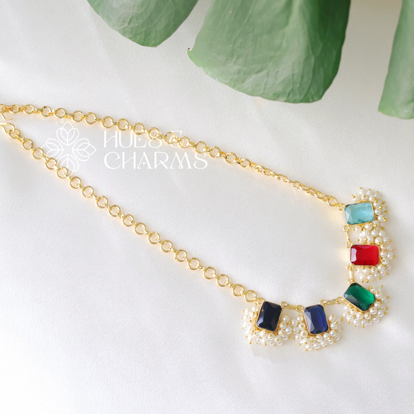 GLOSSY SQUARE DROP NECKLACE SET WITH PEARLS-MULTICOLOUR