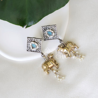 OXIDIZED DUAL TONE NANDI EARRINGS WITH CLUSTER PEARLS (Colours available )