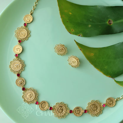 TRADITIONAL RUBY COIN NECKPIECE SET| GOLD PLATED (NON IDOL VERSION)