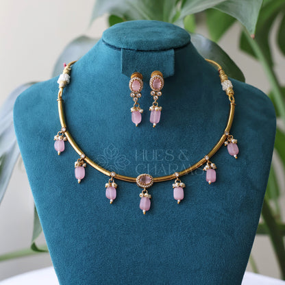 GOLDEN STIFF NECKLACE SET WITH BEADS (COLOURS AVAILABLE)