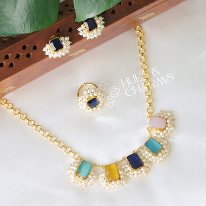 GLOSSY SQUARE DROP NECKLACE SET WITH PEARLS-MULTICOLOUR