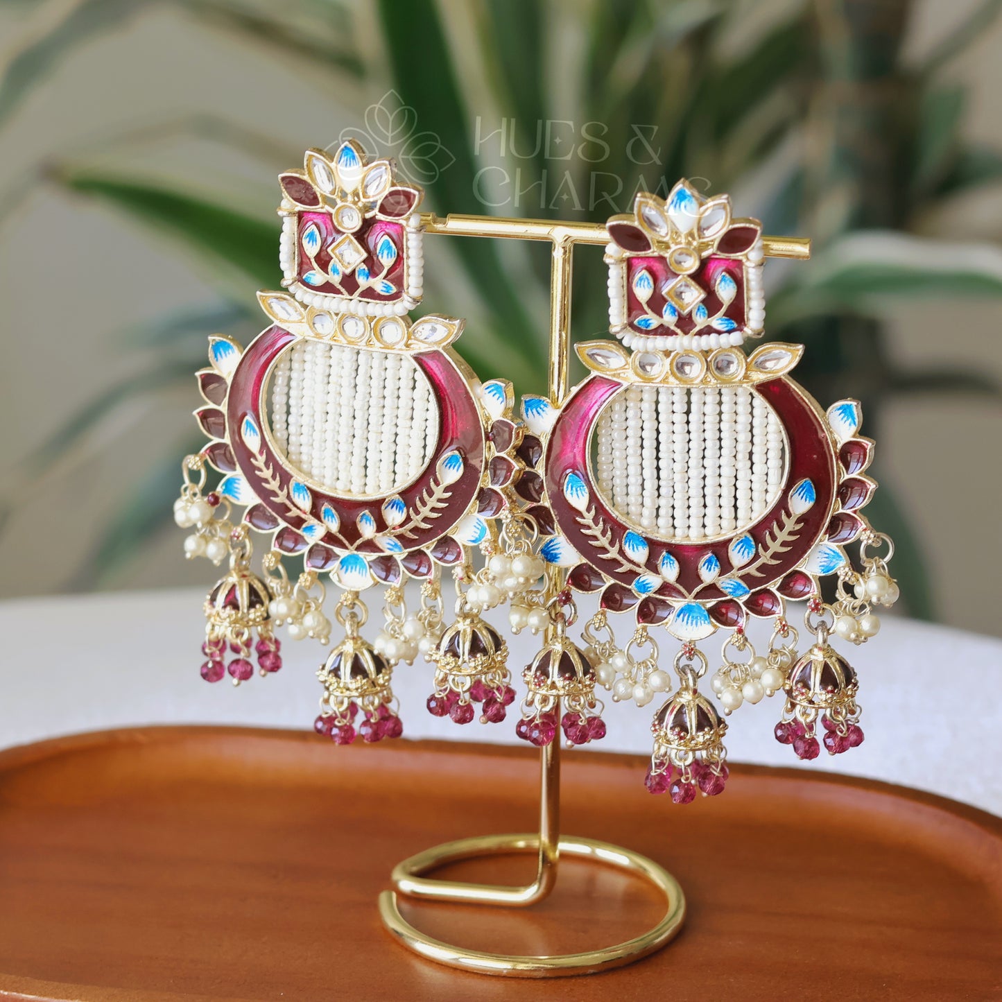 MEENAKARI EARRINGS WITH TRI JHUMKA  - DARK MAROON