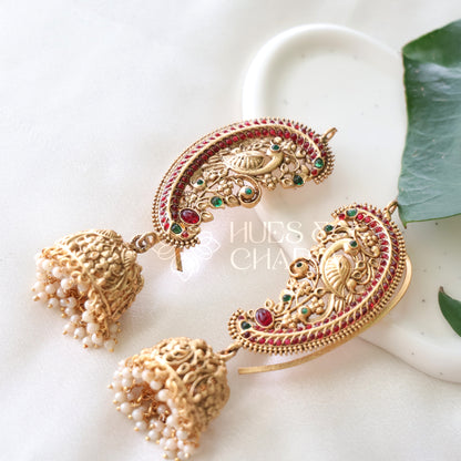 GOLDEN STATEMENT MAYURA EAR CUFF JHUMKAS WITH PEARLS
