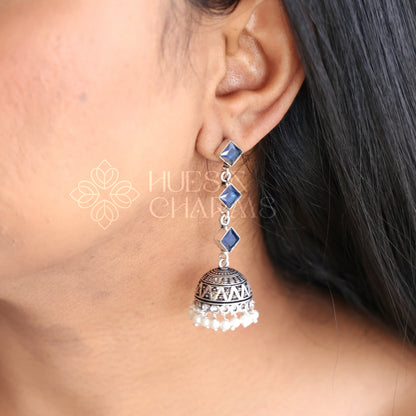 OXIDISED 3 STONE JHUMKAS( COLOURS AVAILABLE )