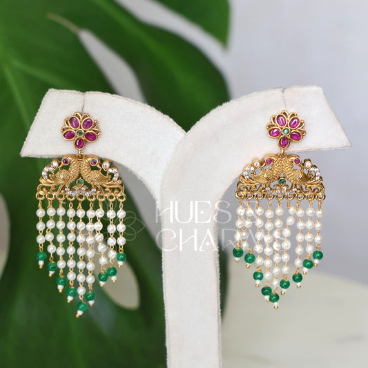GOLDEN  MAYURA PEARL LAYERD FLORAL  EARRINGS (COLOURS AVAILABLE )