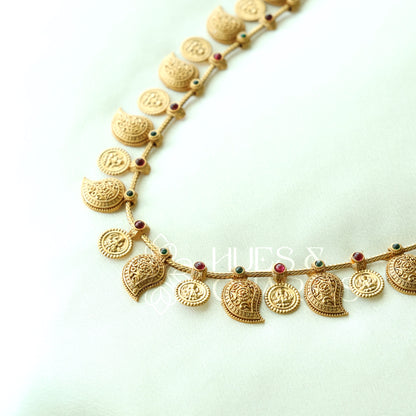 GOLDEN LAKSHMI COIN AND MANGO MOTIF HARAM SET