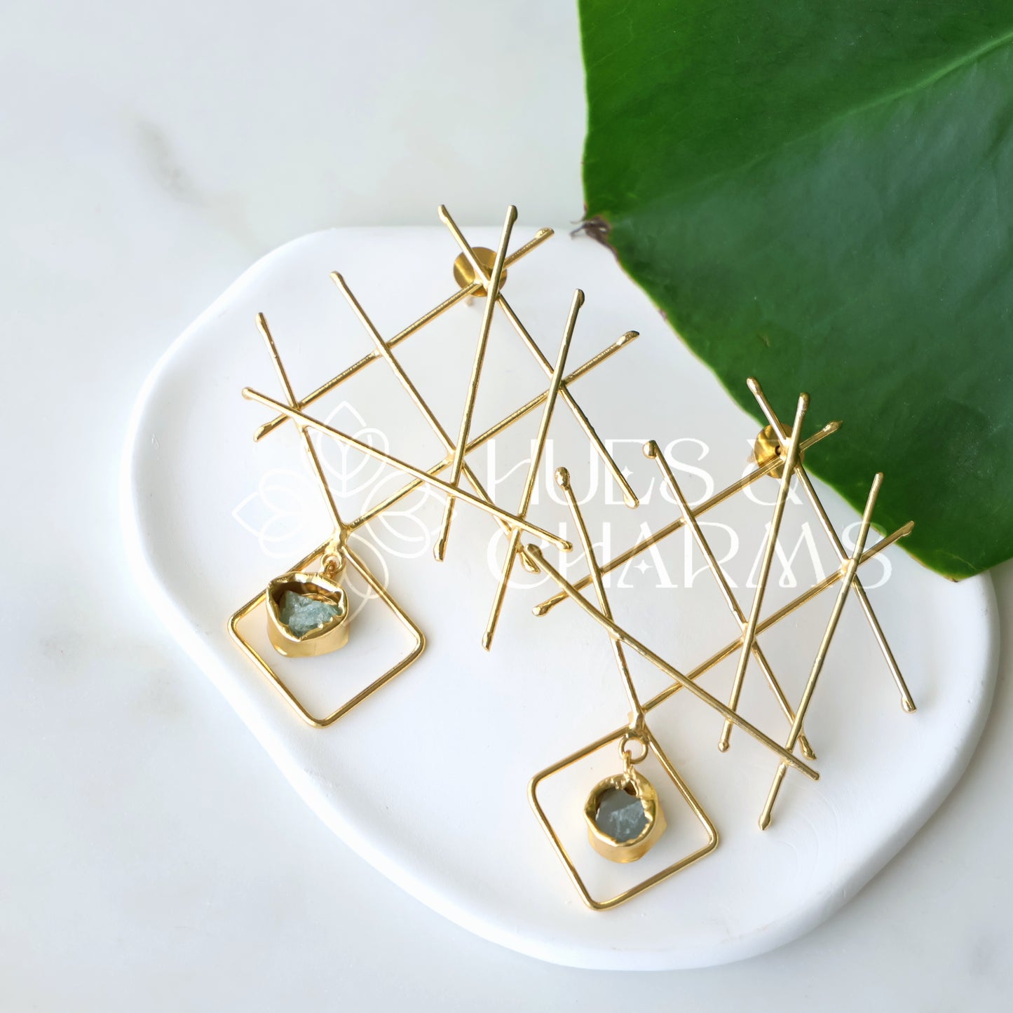 GOLDEN RAW STONE GRID DROPS EARRINGS (Colours available)